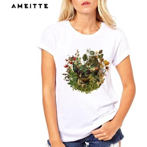 AMEITTE Forest Adventure Design Creative Camo Chihuahua in the woods print t shirt Fashion All-match Female White Tee Shirt