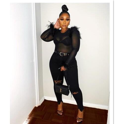 BKLD Woman Tshirts New Slim Fashion Feathers Patchwork Mesh See-Through Harajuku Streetwear Solid Color Black Fishnet Top