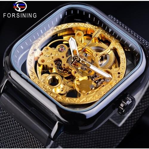 Forsining Man Automatic Watches Square Black Stainless Steel Slim Mesh Strap Belt Golden Skeleton Mechanical Wrist Watch Relogio