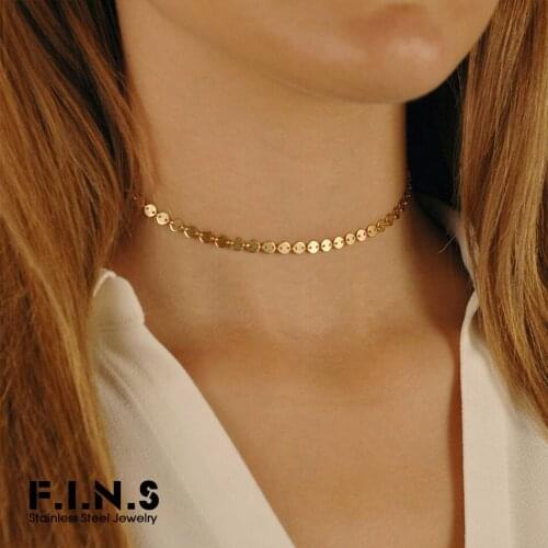 F.I.N.S Three-tones Stainless Steel Choker Necklace Women Korean Minimalist Necklaces for Women Round Sequin Necklace Jewelry
