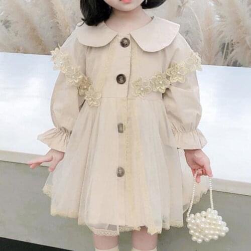 Baby girl spring autumn mesh stitching trench coat kids cute princess lapel single breasted loose outwear
