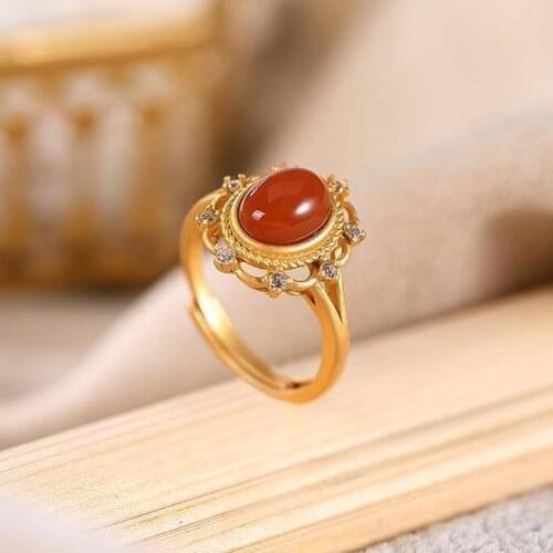 Designer original new natural Hetian chalcedony inlaid zircon opening adjustable ring personality light luxury ladies jewelry