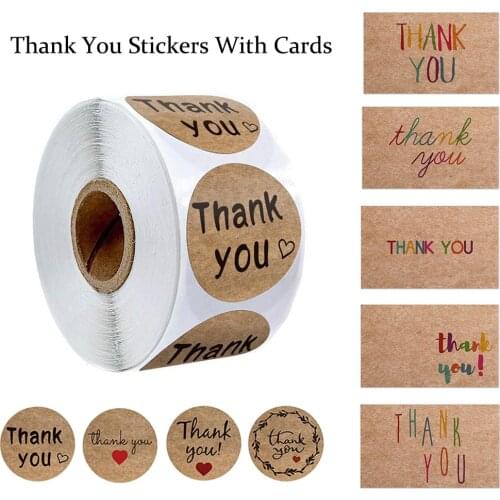 500pcs/roll kraft paer thank you sticker with heart and thank you cards for business package gift wedding party decoration label