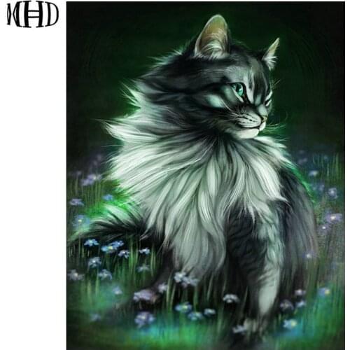 MHD Full Round 5D DIY Diamond Embroidery Cat Crystal 3D Diamond Cross Stitch Animal Mosaic Rhinestone Painting Cat Liner