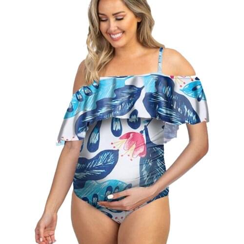 Off Shoulder Ruffle Edge Maternity Swimwear Sexy Lotus Print One-Piece Swimsuit For Pregnant Beach Bathing Tankinis 2021 New