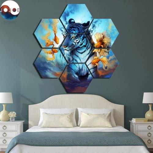 Dream Extended by JoJoes Art Modular Poster HD Prints Home Decor 7 Pieces Tiger and Gold fish Canvas Paintings Wall Art Pictures