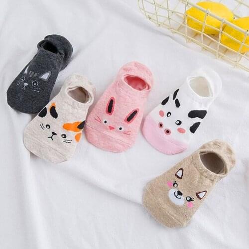 Wholesale 5 Pairs Cute Harajuku Animal Socks Women Summer Korean Cat Bear Rabbit Cow Funny Low Cut Boat Sock Happy Sox Dropship