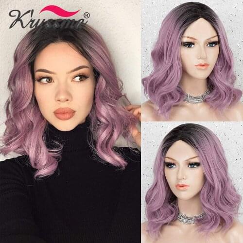 Kryssma Short Bob Wavy Wig Ombre Purple Synthetic Wigs Mixed Black Cosplay Wigs For Women Full Machine Made Wigs For Halloween