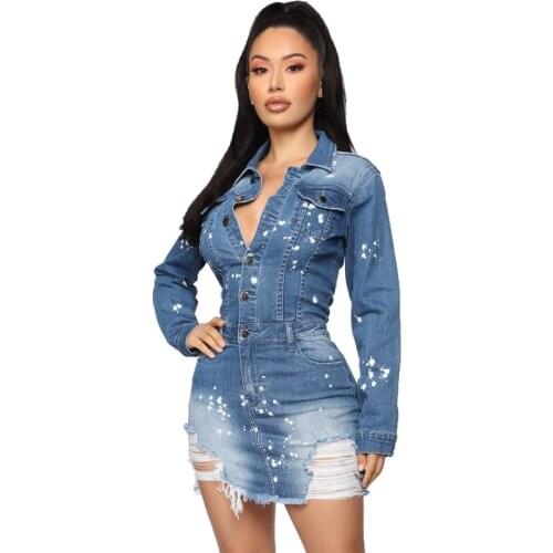 Sexy Turndown Collar Cotton Bodycon Jeans Dress Buttons Summer Plus Size 2020 Party Club Denim Dress Women Short Mini Dress Ddlg