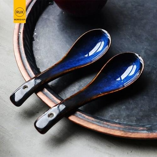 RUX WORKSHOP 2PS Japanese Style Blue Kiln Spoon Rice Soup Spoon Glaze Color Dessert Spoon Tableware