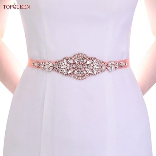 TOPQUEEN S425 Bridal Dress for Wedding Pink Ribbon Sash Belt Rhinestone Fancy Belt Pink Dress Belt Rose Gold Belt for Women