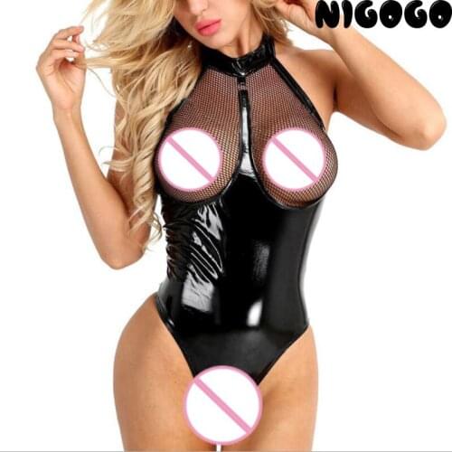 European and American erotic underwear sexy black patent leather one-piece mesh hollow leather sex toy