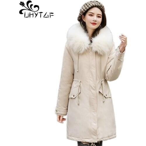 UHYTGF Women winter jacket fashion Big fur collar zipper female parka coat plus size warm women cotton winter basic jacket X496