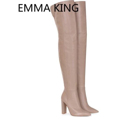 2019 Runway New Women Sexy Leather Over The Knee Boots Pointed Toe Casual Chunky High Heels Shoes Woman Thigh High Knight Boots