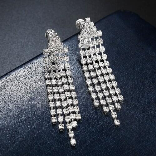2019 NEW Silver Long Pave Full Rhinestone Tassel Clip on Earrings for Women No Pierced Wedding Ear Clips Bridal Party Jewelry