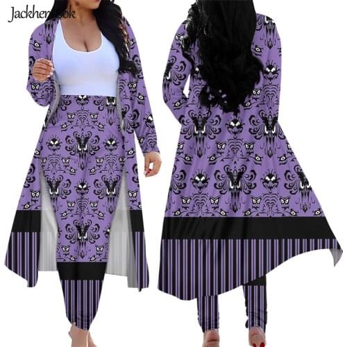 Jackherelook Happy Servants Halloween Design Women Long Sleeve Cardigan Bodycon Pants 2 Piece Outfits Set Leggings Plus Size