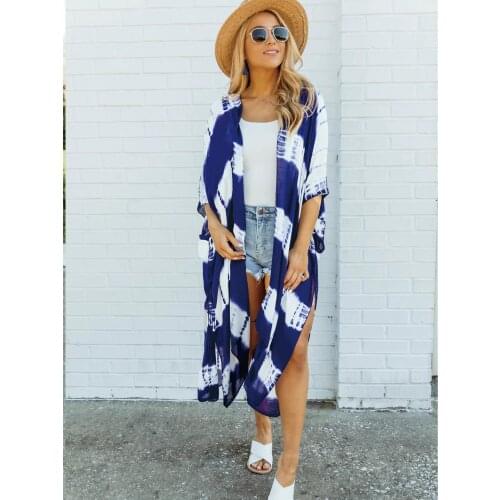 Tie-Dye Chiffon Long Cardigan Summer Light Women Kimono Blue White Stripe Pattern Half Sleeve Coats Casual Front Opening Overall