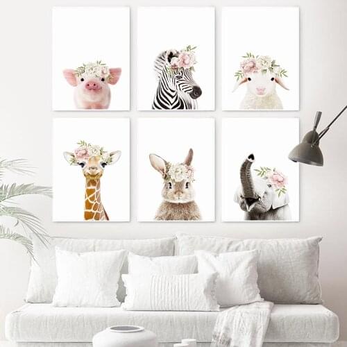 Giraffe Pig Zebra Elephant Nursery Wall Art Picture Flower Animal Canvas Poster Print Child Painting Kids Baby Girls Room Decor