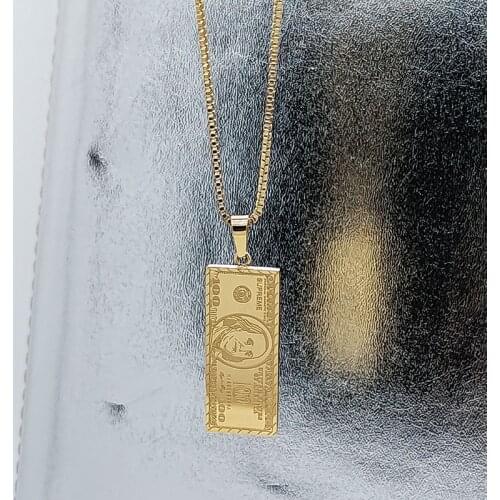 100 Dollar Bill Gold Pendant necklace stainless steel box chain punk hip-hop necklace for women men