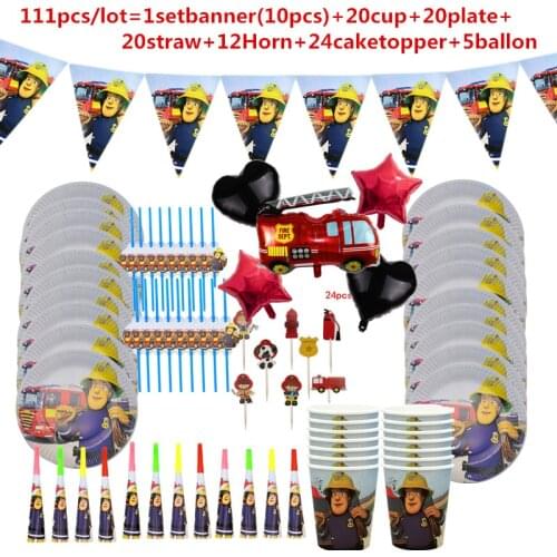 111pcs/lot 20 people ues Fireman Sam disposable plates cups straw Horn Fireman Sam birthday party supplies baby shower tableware