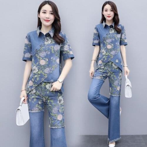 2020 Summer Spring Womens Fashion Short Sleeve Floral Printed Denim Trousers Set , Woman Tassel Flare Jeans Pants Sets