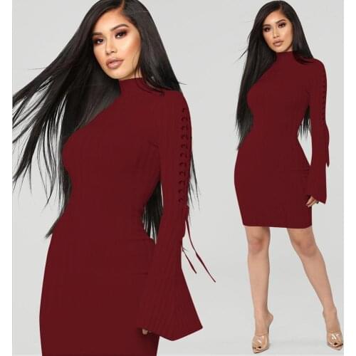 AHVIT Autumn Winter Full Sleeve Bandage Hollow Out Sexy Dress Turtleneck Flare Sleeve Sheath Dress Elegant Vintage Dress ALS066