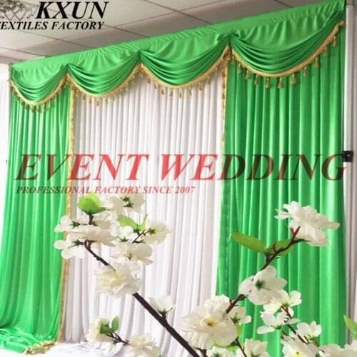 White & Green Ice Silk Backdrop Curtain With Swag Drapery For Wedding Decoration
