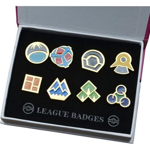 Pokemen Sinnoh Metal Alloy League Badge Pin Pip Gen 4 Cosplay Prop Collection Set 8*badges+Box 12*16*3cm