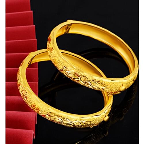 24K Yellow Gold Bracelet For Women Dragon Phoenix Dark Buckle Simple Gold Bracelet Bangles Fine Jewelry Mother Girlfriend gift
