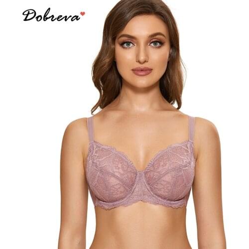 DOBREVA Womens Minimizer See Through Unlined Lace Bra Full Coverage Underwire Plus Size Bralette