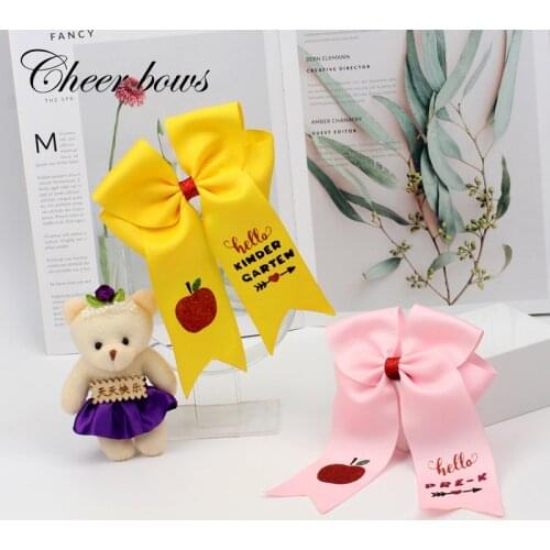 Cheer Bows 2 Pcs/lots 7"Glitter Back To School Cheer Bows For Girls Kids Large Apple Printed Elastic Hairband Hair Accessories