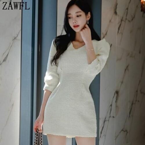 ZAWFL Elegant Puff Sleeve Women Dress Fashion White Knit Patchwork Party Dress Lady Office Style Autumn Winter Dress