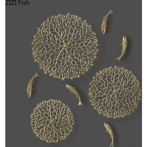 Background Wall Decoration Copper Metal Golden Carp Coral Wall Hanging Modern Home Decoration Accessories Handicraft Furnishings
