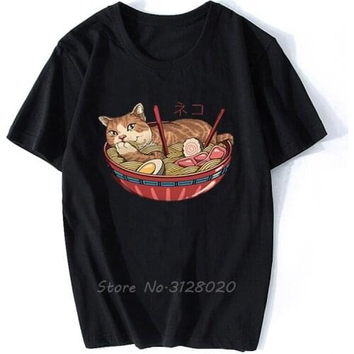 Cute Ramen Japan Cat Anime T Shirt Mens High Quality Aesthetic Cotton Cool Vintage T-shirt Harajuku Streetwear Camisetas Hombre
