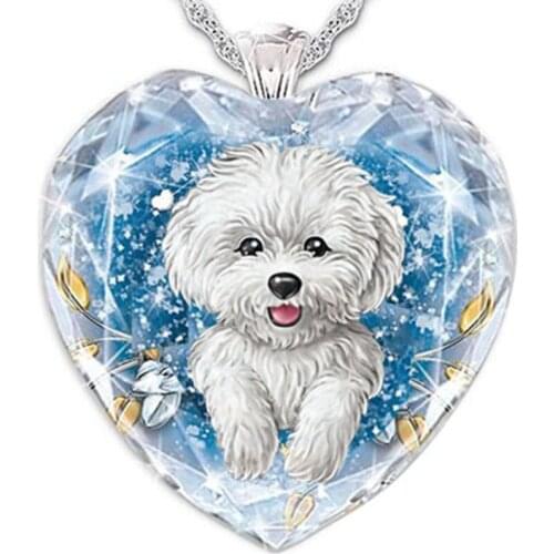 Delicate White Puppy Pattern Heart-Shaped Crystal Animal Pendant Necklace