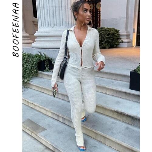 BOOFEENAA Button Ribbed Knitted Jumpsuit Two Piece Set Fall Winter Clothes Sexy White Long Sleeve Bodycon Jumpsuits C88-GE43