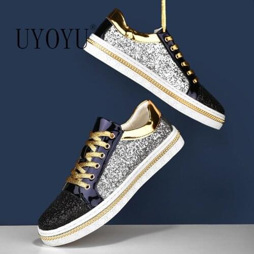 Designer Men Vulcanized Shoes 2021 Sneakers Bling Leather Mens Women Glitter Casual Man Breathable Lace Up Outdoor Sports Shoes