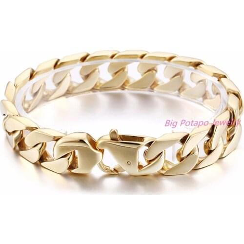 New Men Bracelet 15mm Wide Gold Stainless Steel Bracelet & Bangle Male Accessory Hip Hop Party Rock Jewelry Mens Boys Wholesale