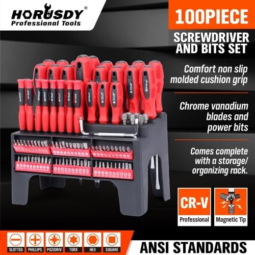 HORUSDY 100-Piece Magnetic Screwdriver Set with Plastic Racking, Tools for Men Tools Gift (100-Piece)