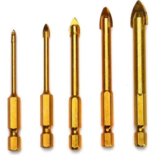 5pcs/lot titanium coated hex glass tile drill bit Set for Wall carbide Mable tile ceramics glass Granite Spear Point Cross Head
