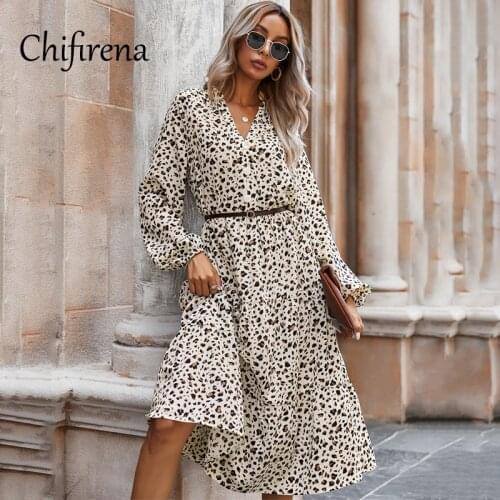Chifirena Bohemian Leopard Print Shirt Dress Women Casual Midi Holiday Autumn Dress Female A-line Loose Ladies Beach Vestidos