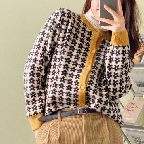 Flower Print Sweater Women Vintage Long Sleeve Knit Jacket Loose Casual Cardigan