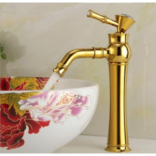 High Bathroom Sink Faucet Basin Faucets Gold Color Deck Mounted Bathroom Mixer Faucets Black Finish With Diamond