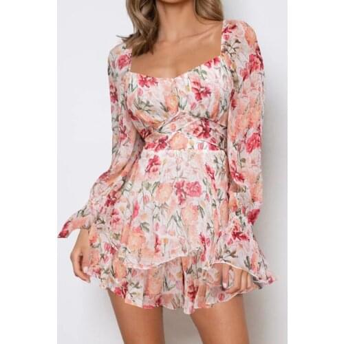 Autumn Floral Print Rompers Women Long Sleeve Square Collar Playsuit Sexy Backless Playsuit Boho Holiday Short Overalls 2021