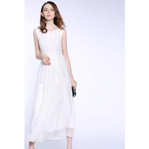 White silk dress female mid-length 2021 summer sleeveless silk skirt waist long skirt dress