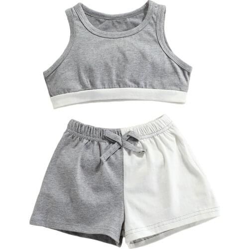 Little Girl’s Vest and Shorts Suit Fashion Color-block Cropped Tops and Bow Elastic Short Pants 1-6T
