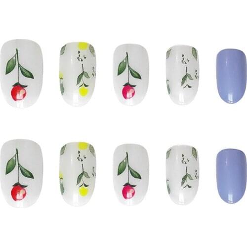 24pcs Flower Printed Nail Patch Glue Type Removable Long Paragraph Fashion Manicure Save Time False Nail Patch Fake Nails