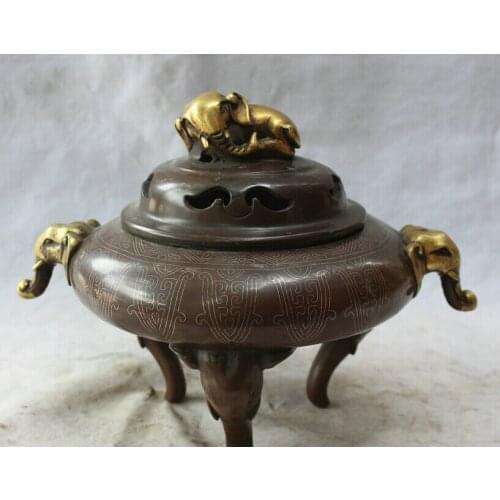 Free shipping 13" Marked Chinese Bronze 24K Gold 3 Foot Elephant Head Incense Burner Censer bronze
