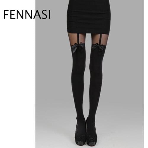FENNASI Popular in Japan Girls Women Sexy Velvet Tights Women Black Fake High Stocking Tights Bow Stocking High Knee Tights