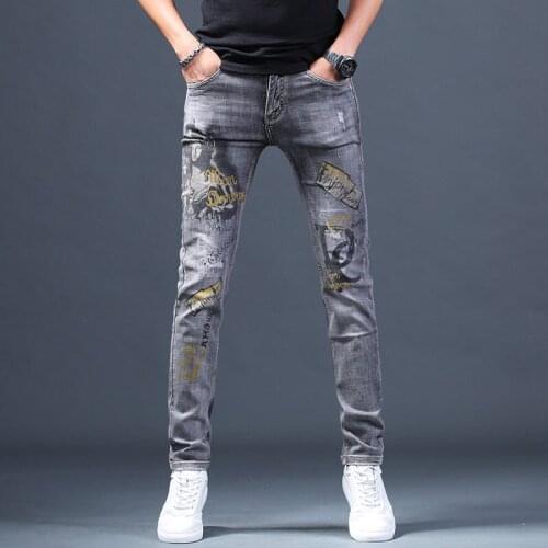 Hot 2021 Smoke gray ripped printed jeans mens brand slim-fitting small feet new elastic street long teenagers pencil pants